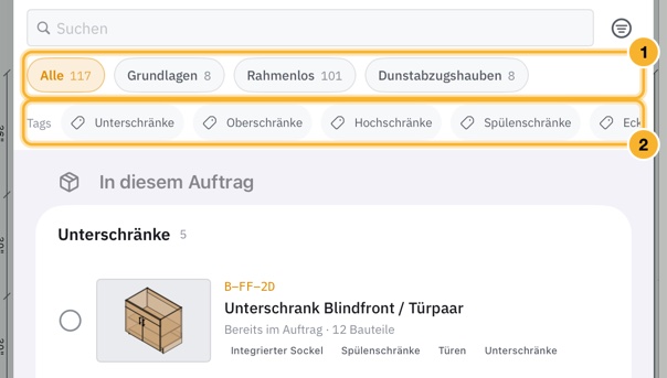 Das Blatt „Element zum Raum hinzufügen“. Unter der Suche stehen die Bibliotheksschaltflächen, dann eine Reihe von Tag-Schaltflächen und danach die Elemente, die schon im Auftrag sind.