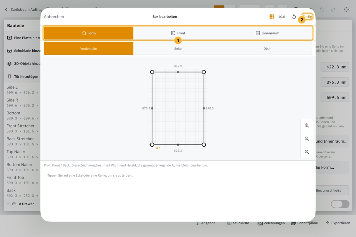 Der Box-Editor auf Form. Oben läuft eine Reihe mit drei Modi, Form, Front und Innenraum, und oben rechts steht Fertig.