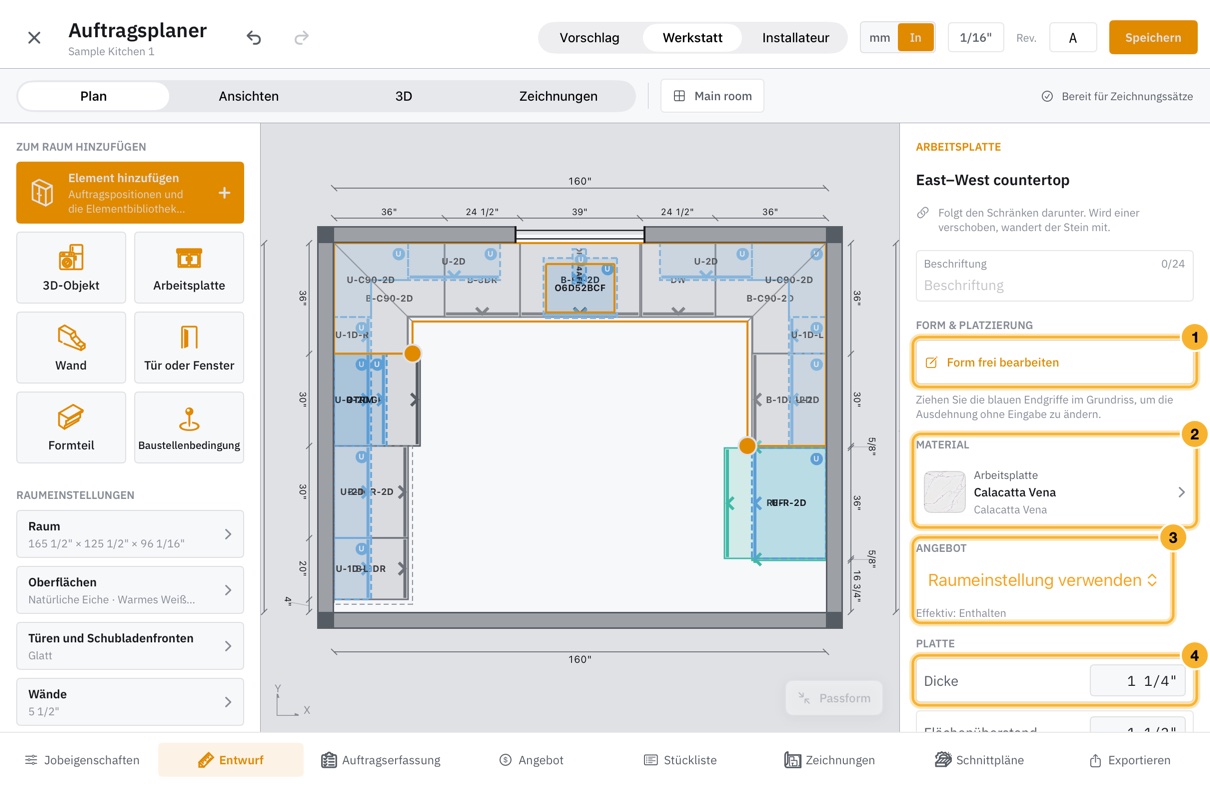 Eine im Plan ausgewählte Arbeitsplatte, mit orangefarbener Kontur und blauen Endgriffen gezeichnet. Ihr Inspektor zeigt „Form frei bearbeiten“, das Material der Arbeitsplatte, die Einstellung für das Angebot sowie Dicke und Überstände der Platte.