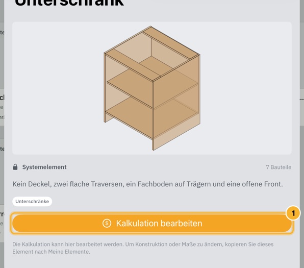 Die Detailseite eines mitgelieferten Elements mit Bild, Name und Tags und der Schaltfläche „Kalkulation bearbeiten“.