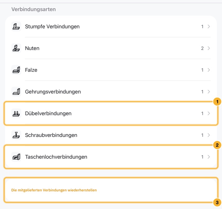 Der Reiter „Verbindungen“: eine Liste der Verbindungsarten von stumpfen Verbindungen bis zu Taschenlochverbindungen, jeweils mit einer Anzahl, und darunter die Schaltfläche „Die mitgelieferten Verbindungen wiederherstellen“.
