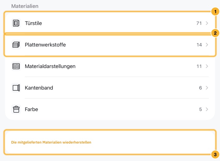 Der Reiter „Materialien“: eine Liste mit Türstilen, Plattenwerkstoffen, Materialdarstellungen, Kantenband und Farbe, jeweils mit einer Anzahl, und darunter die Schaltfläche „Die mitgelieferten Materialien wiederherstellen“.