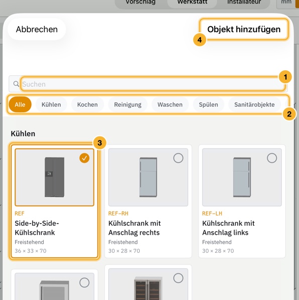Das Blatt „3D-Objektkatalog“. Ein Suchfeld und eine Reihe von Bereichsschaltflächen stehen über den Karten für Kühlschränke; eine Karte ist ausgewählt, und „Objekt hinzufügen“ steht oben rechts.