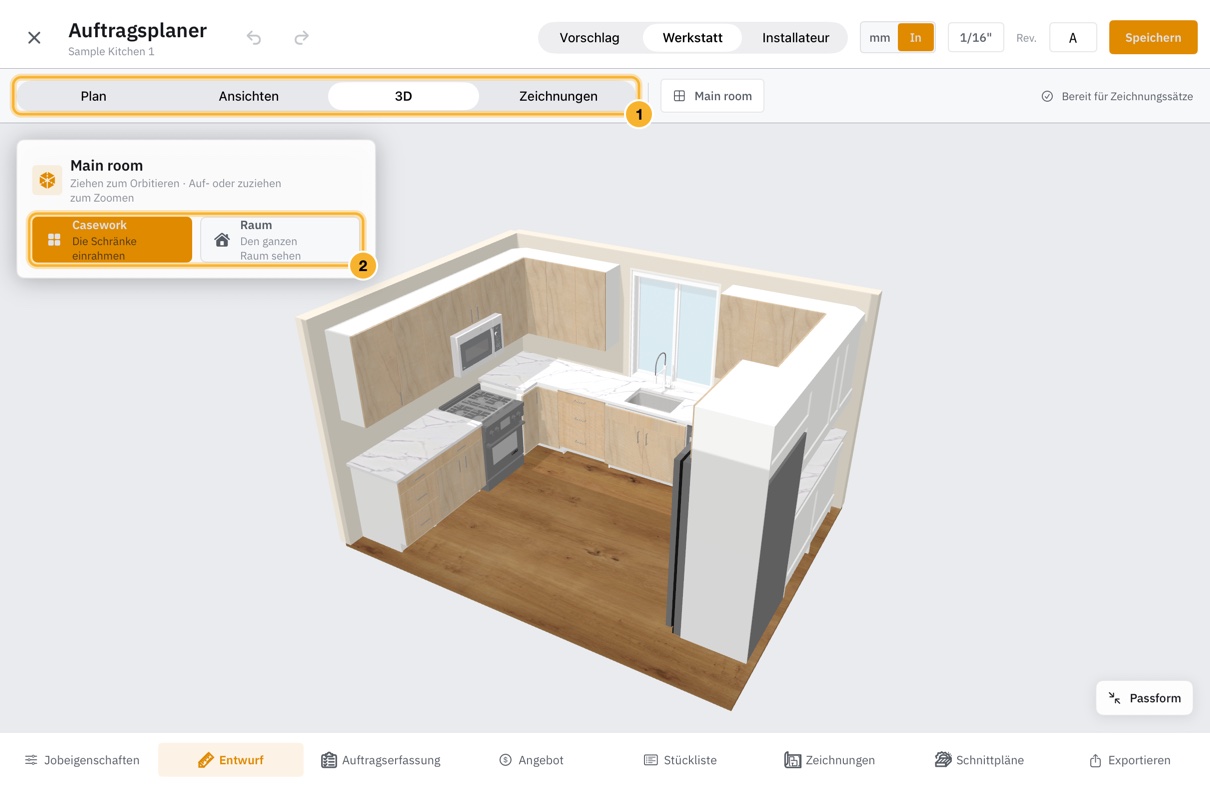 Die 3D-Ansicht der Beispielküche: eine U-förmige Schrankreihe mit Arbeitsplatten, einem Herd, einem Fenster und einem Kühlschrank, von oben und von der Seite gesehen.