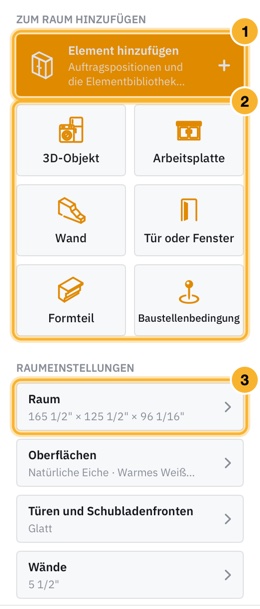 Das Fenster „Elemente & Raum“ neben dem Plan. „Element hinzufügen“ ist die orangefarbene Schaltfläche oben, darunter liegen sechs Kacheln, und die Raumeinstellungen sind darunter in Zeilen eingeklappt.
