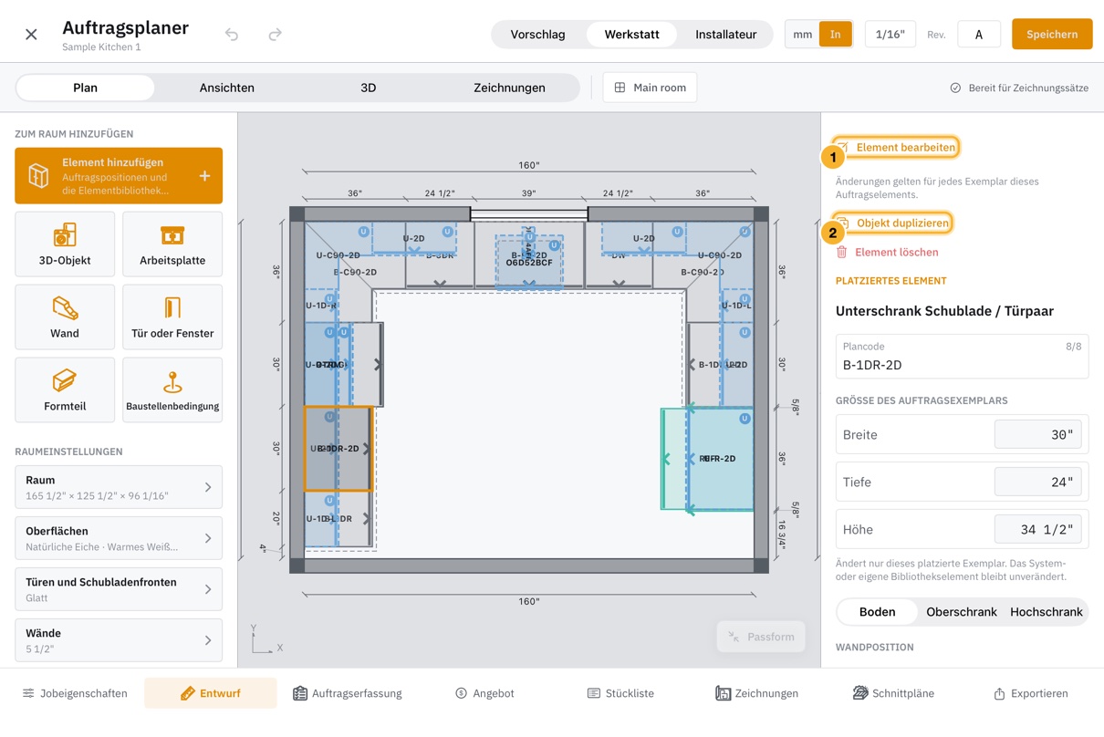 Ein im Plan ausgewählter Unterschrank. Der Inspektor zeigt „Element bearbeiten“, „Objekt duplizieren“ und die rote Aktion „Element löschen“ über „Plancode“ sowie den Feldern für Breite, Tiefe und Höhe.