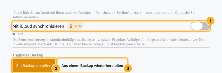 Einstellungen, Backup & iCloud. Ein Schalter „Mit iCloud synchronisieren“ steht über zwei Schaltflächen: „Ein Backup erstellen“ und „Aus einem Backup wiederherstellen“.