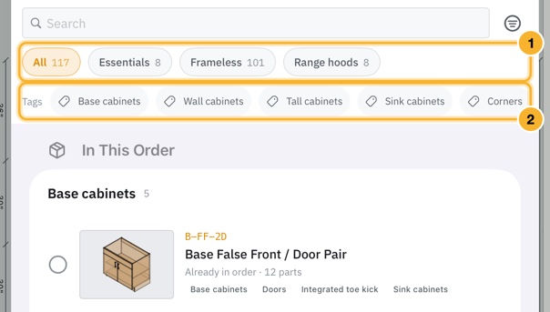 The Add Item to Room sheet. Under Search sit the library chips, then a row of Tags buttons, then the items already in the order.