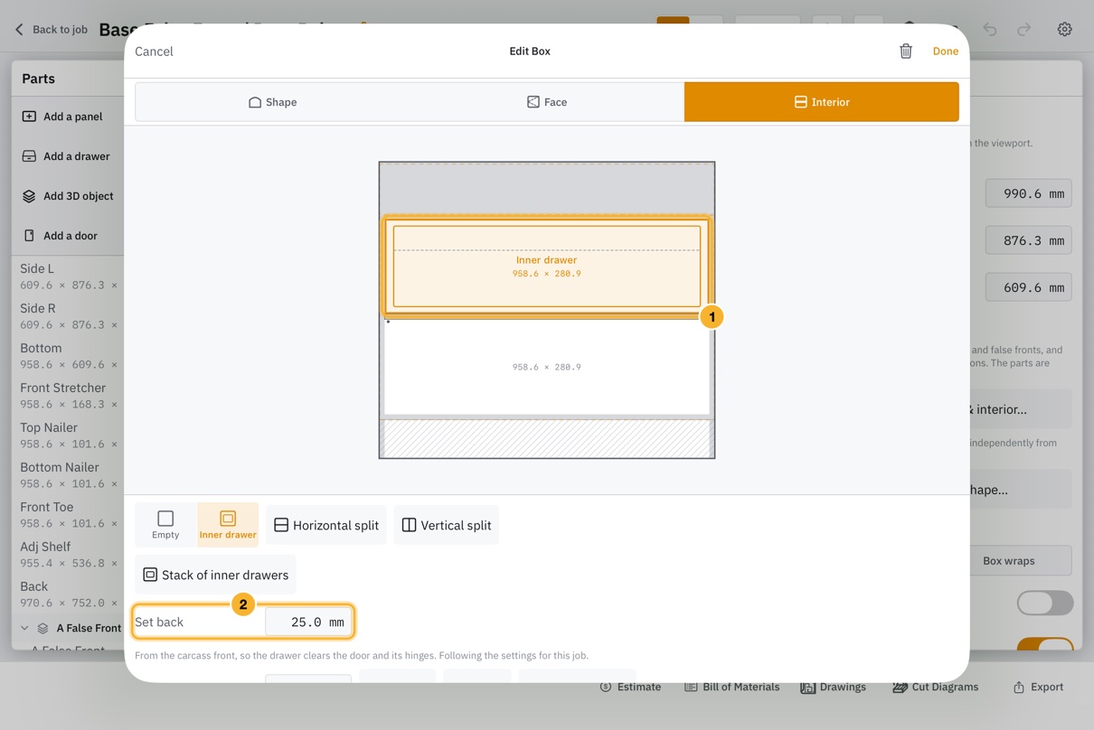 The Box editor on Interior for a sink base, with one bay made an inner drawer and its Set back field showing, which says it follows the settings for this job.