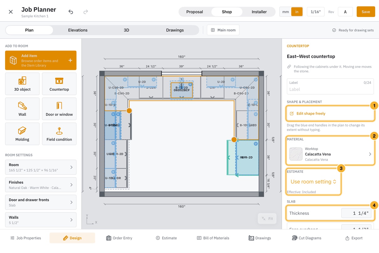 A countertop selected in the plan, drawn with an orange outline and blue end handles. Its inspector shows Edit shape freely, the worktop material, the estimate setting and the slab thickness and overhangs.