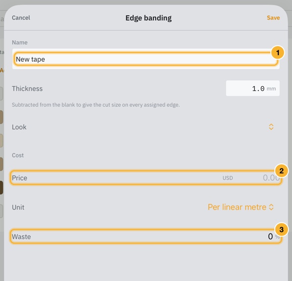 The Edge banding editor opened from Add a tape: a name, a thickness, a look, a price per linear metre and a waste percentage.
