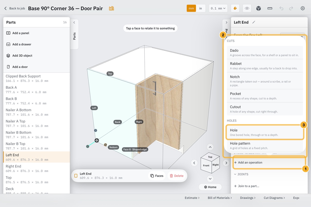 A part selected in the editor with Add an operation open. A list offers Cuts, such as dado, rabbet, notch, pocket and cutout, then Holes, such as hole and hole pattern.