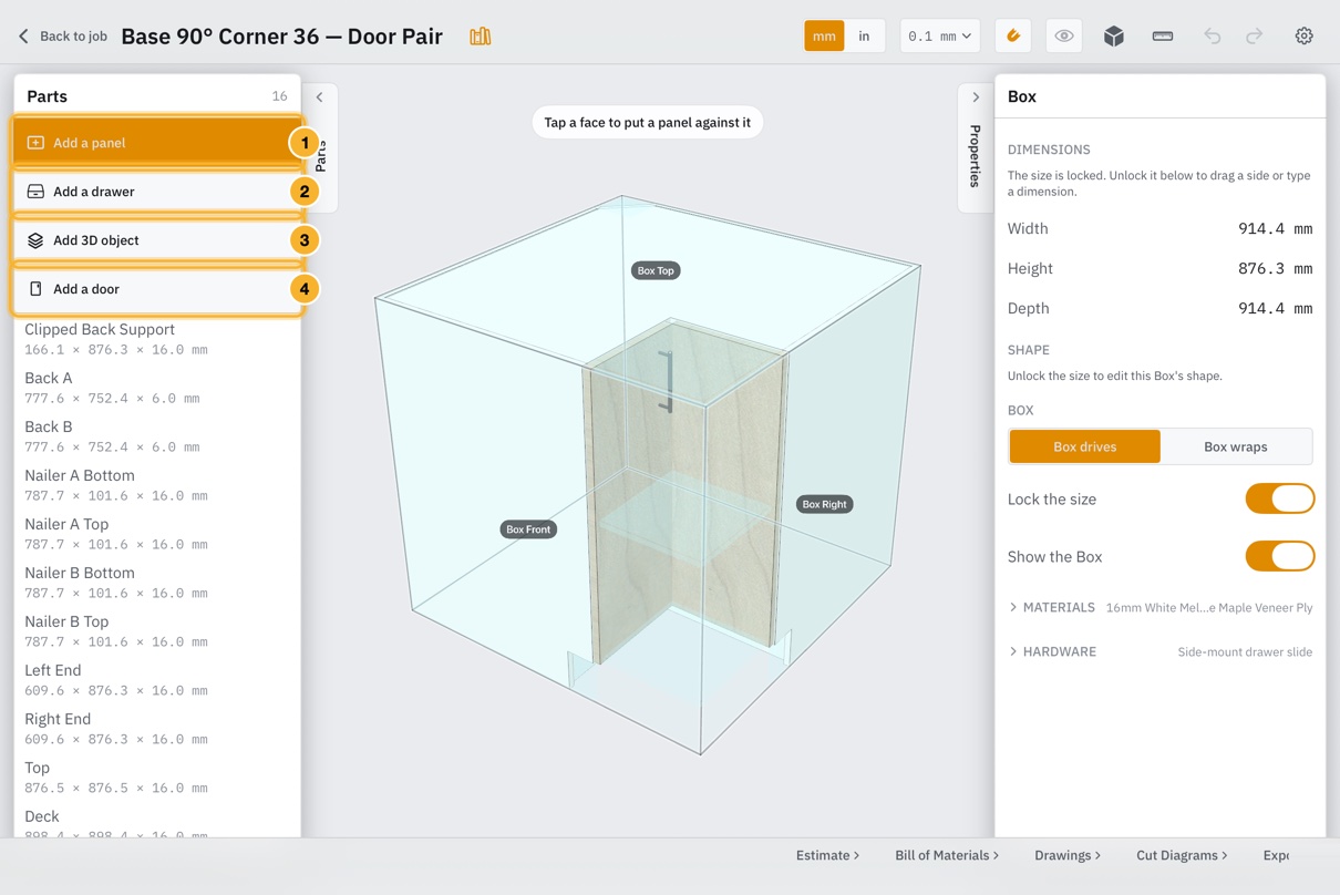 The item editor with the Parts list open. Four buttons sit above the list, Add a panel, Add a drawer, Add 3D object and Add a door, and Add a panel is highlighted with a hint to tap a face.