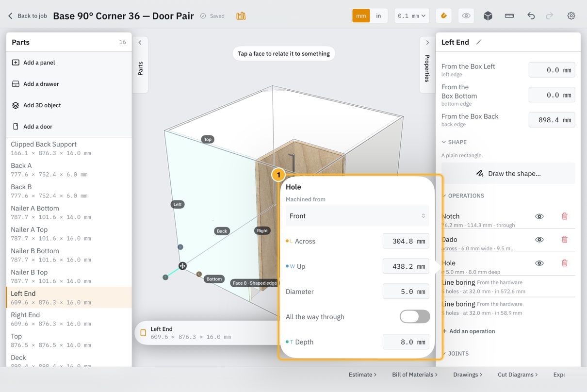 The editor for a hole operation, open as a popover beside the part's inspector.