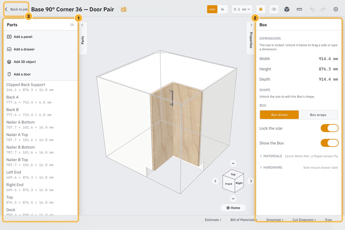 The item editor. The Parts list is open on the left, the cabinet's Box is drawn in the middle, and the Properties inspector on the right shows its width, height and depth.
