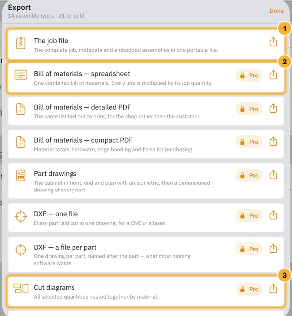 The Export sheet listing the job file, the bill of materials as a spreadsheet and as PDFs, part drawings, DXF files and cut diagrams, each with a share button.