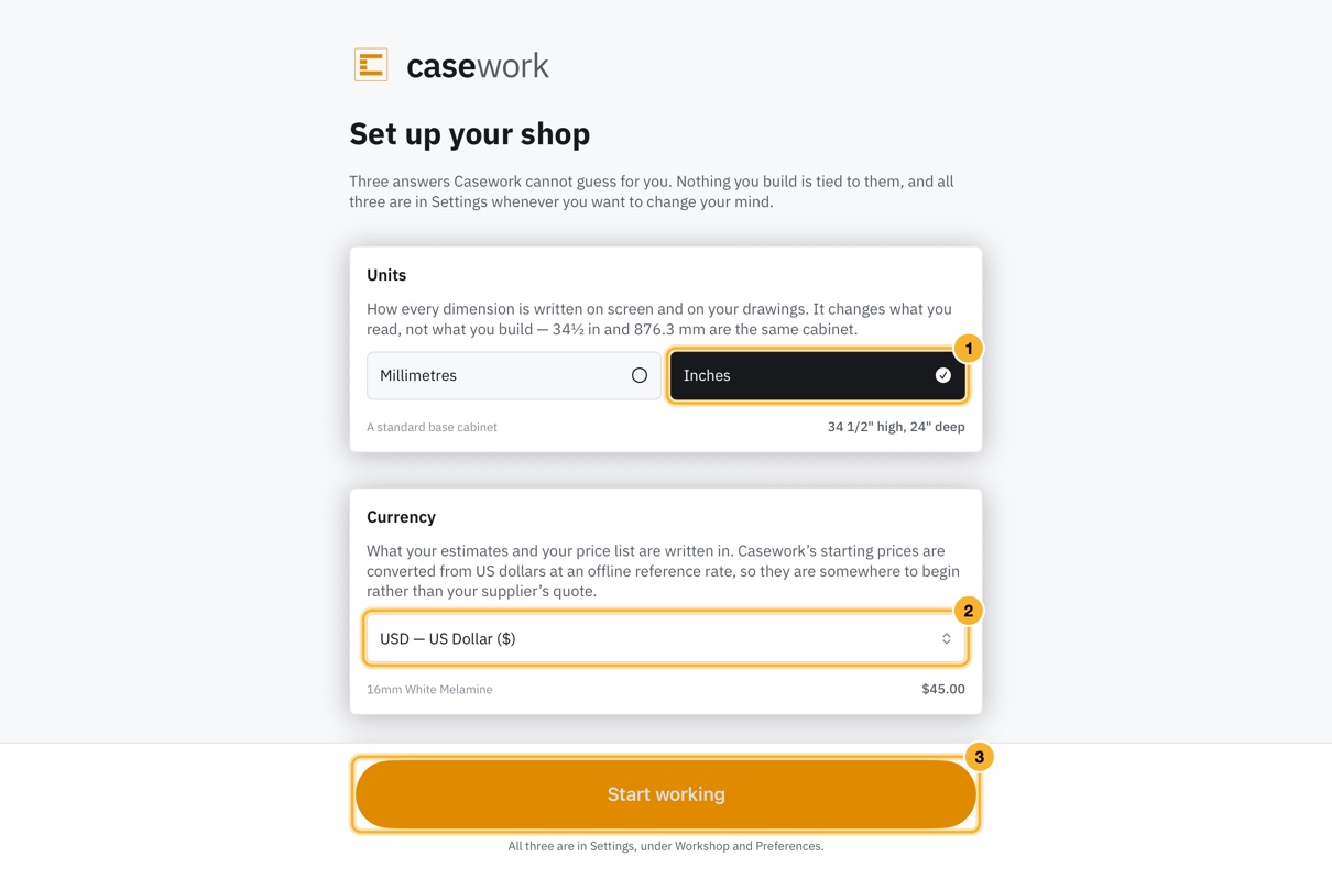 The Set up your shop screen that opens the first time Casework runs: Units, then Currency, with a Start working button at the bottom.