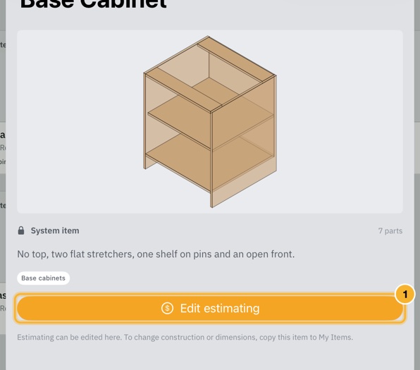 The details page of a shipped item, with its picture, name and tags, and an Edit estimating button.