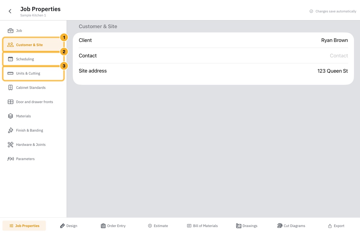 Job Properties open on the Customer & Site page. A list of pages runs down the left, and the client, contact and site address fields fill the right.