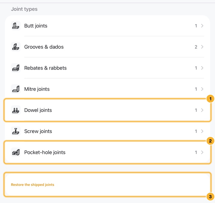 The Joints tab: a list of joint types from butt joints to pocket-hole joints, each with a count, and a Restore the shipped joints button below.