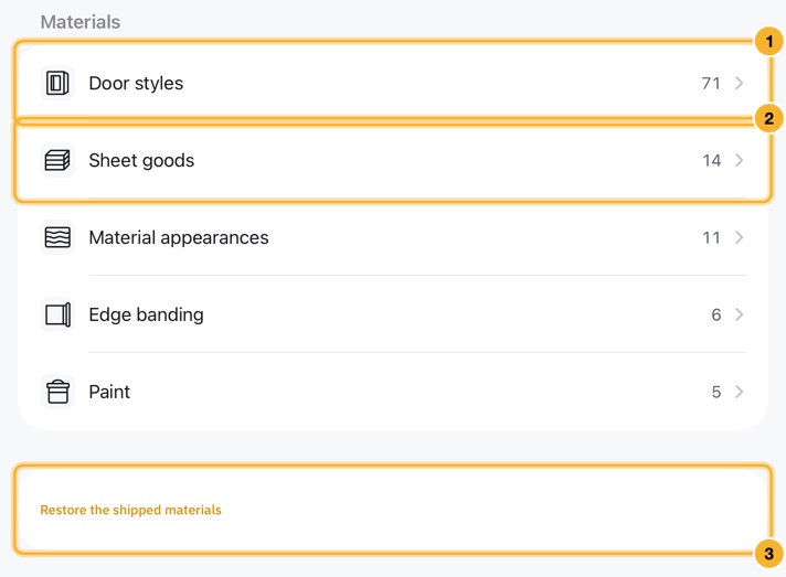 The Materials tab: a list of Door styles, Sheet goods, Material appearances, Edge banding and Paint, each with a count, and a Restore the shipped materials button below.