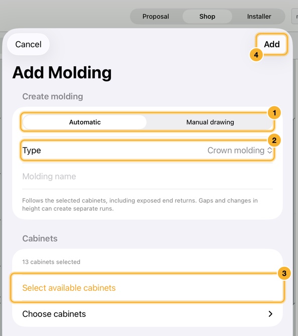 The Add Molding sheet. A Create molding group has Automatic and Manual drawing, a Type menu and a name, and a Cabinets group offers Select available cabinets.