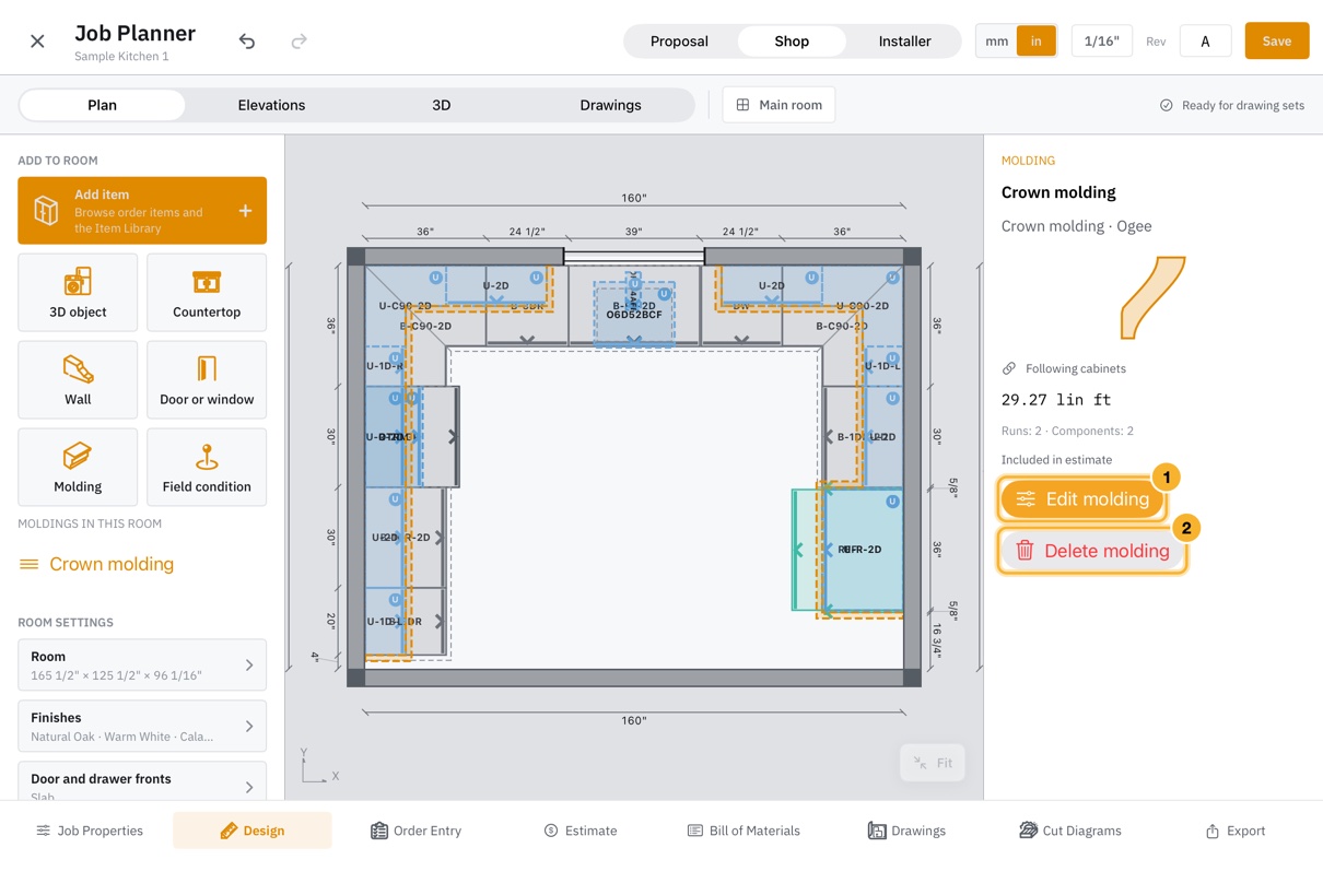 A crown molding selected in the plan, drawn as an orange dashed outline along the cabinets. The inspector shows its profile, its length in linear feet, and the buttons Edit molding and Delete molding.