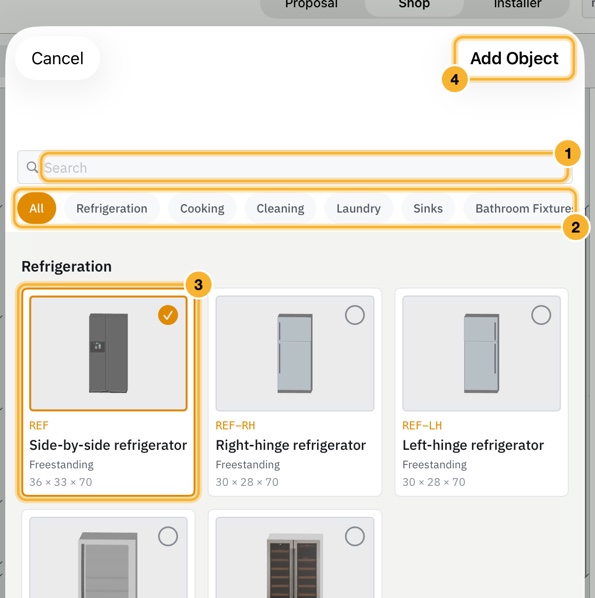 The 3D Object Catalog sheet. A search field and a row of section chips sit above cards for refrigerators, with one card selected and Add Object at the top right.