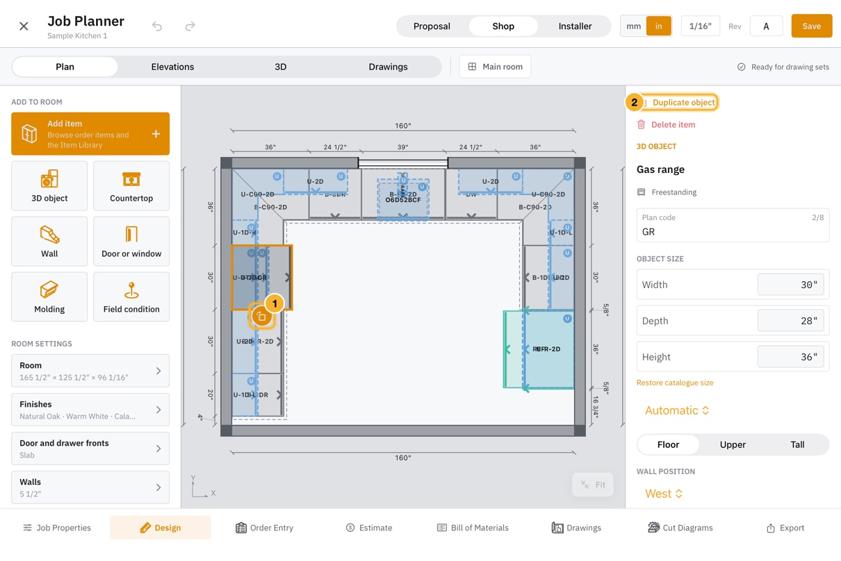 A gas range selected in the plan, outlined in orange with a round arrow beside it. The inspector shows Duplicate object, the red Delete item action, Plan code, and size fields.