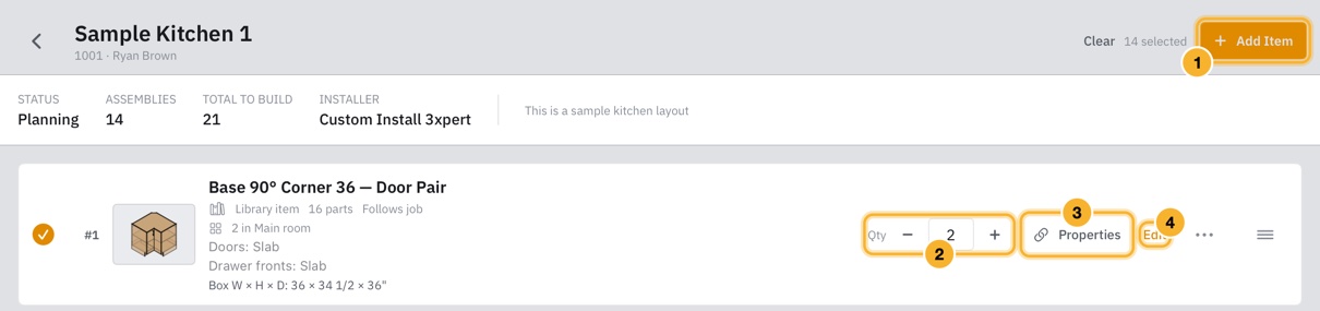 Order Entry listing the job's items. Each row shows a picture, the item's name and parts, a quantity stepper, Properties and Edit; Add Item is at the top right.