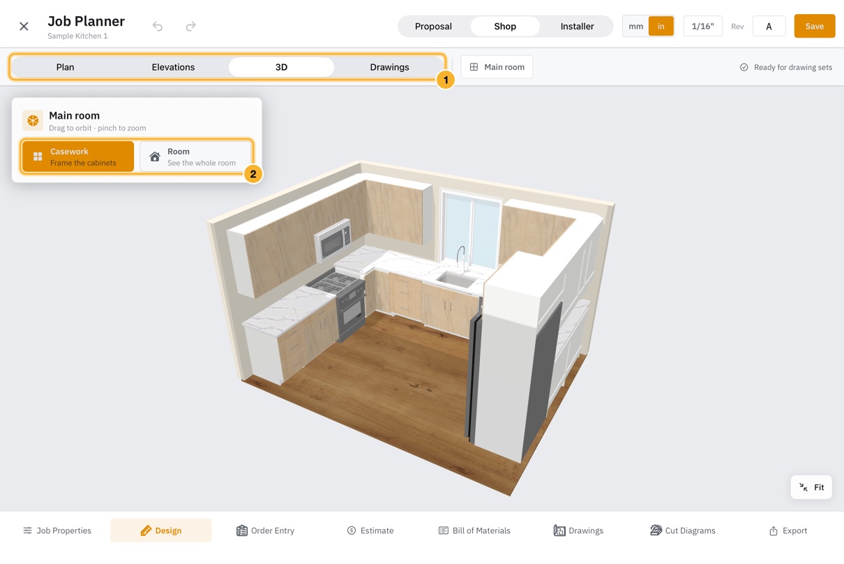 The 3D view of the sample kitchen: a U-shaped run of cabinets with countertops, a range, a window and a refrigerator, seen from above and to one side.