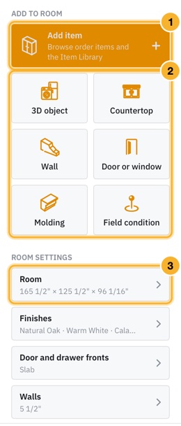 The Items & room panel beside the plan. Add item is the amber button at the top, six tiles sit under it, and Room settings are folded into rows below.