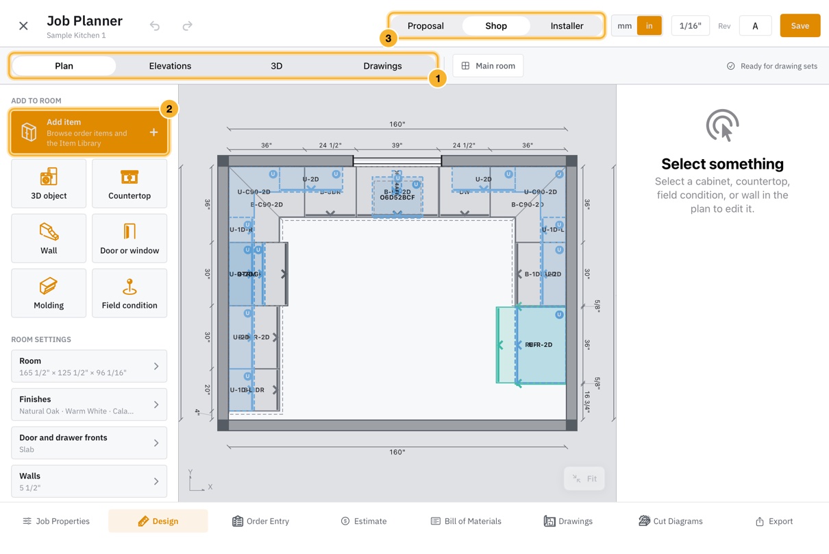 The Design workspace in Plan view with the sample kitchen: a U-shaped run of base and upper cabinets, a refrigerator and a dishwasher, drawn to scale with dimensions.