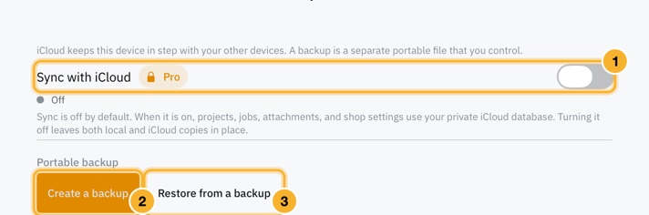 Settings, Backup & iCloud. A Sync with iCloud switch sits above two buttons, Create a backup and Restore from a backup.
