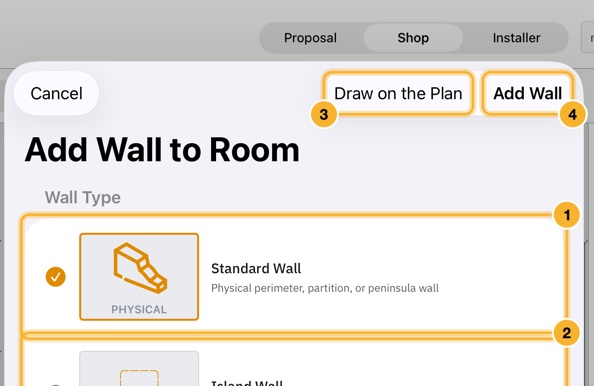 The Add Wall to Room sheet listing two wall types, Standard Wall and Island Wall, with Draw on the Plan and Add Wall at the top right.
