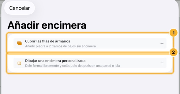 La hoja Añadir encimera con dos opciones: Cubrir las filas de armarios, que indica cuántas filas de armarios bajos no tienen piedra, y Dibujar una encimera personalizada.