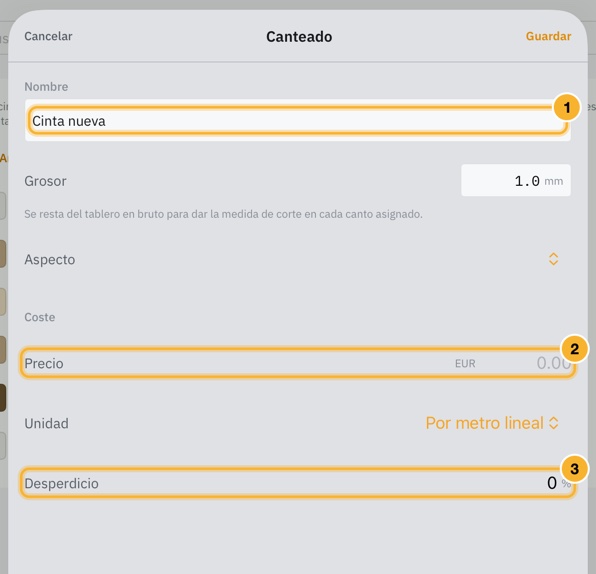 El editor de canteado abierto desde Añadir una cinta de canto: un nombre, un grosor, un aspecto, un precio por metro lineal y un porcentaje de desperdicio.