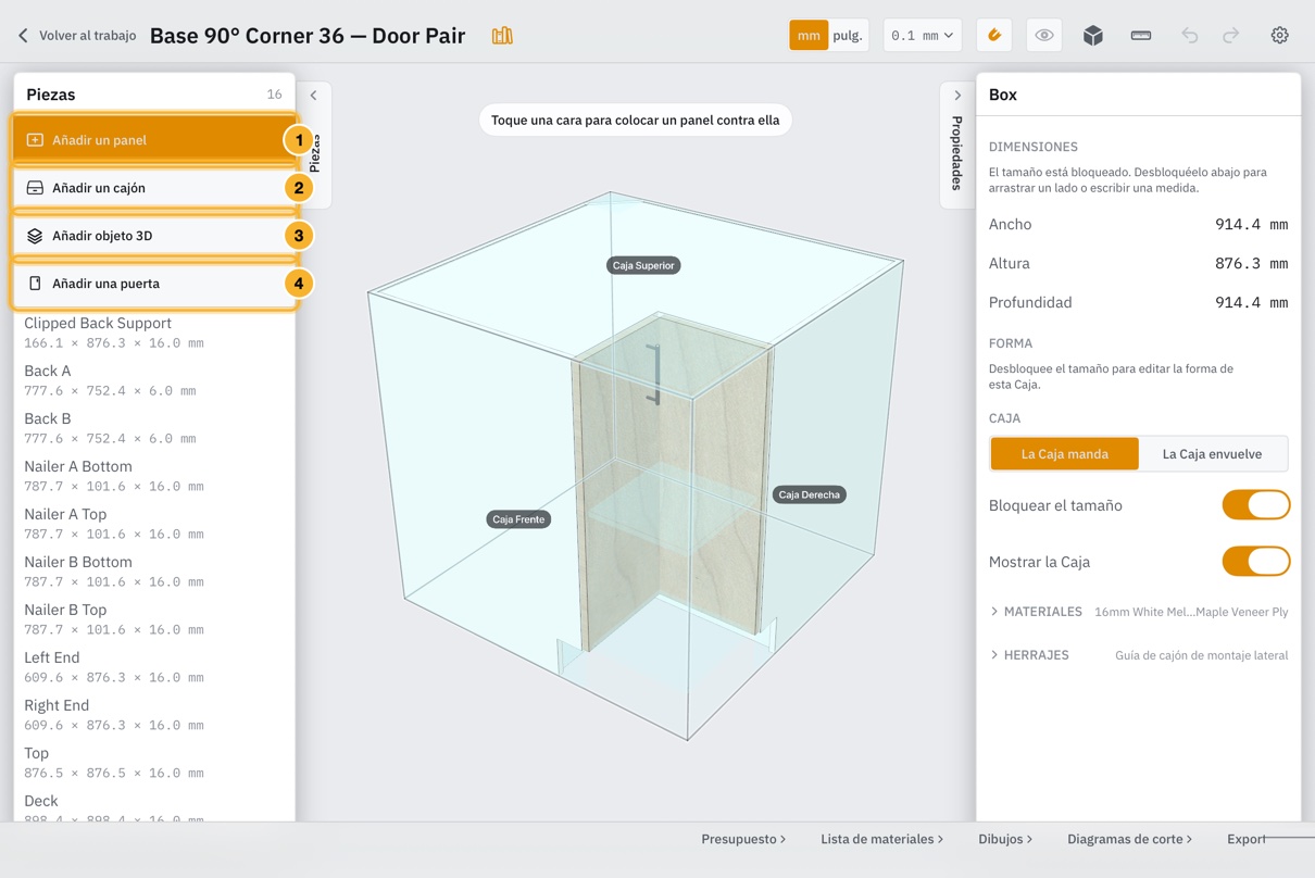 El editor de elementos con la lista Piezas abierta. Cuatro botones están sobre la lista: Añadir un panel, Añadir un cajón, Añadir objeto 3D y Añadir una puerta; el primero está resaltado, con una indicación para tocar una cara.