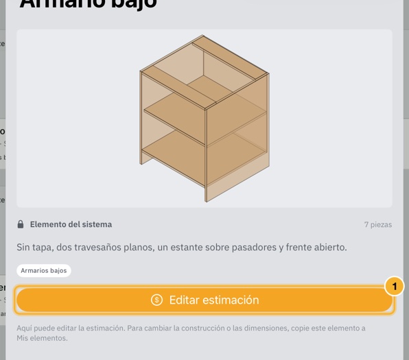 La página de detalles de un elemento incluido, con su imagen, nombre y etiquetas, y un botón Editar estimación.
