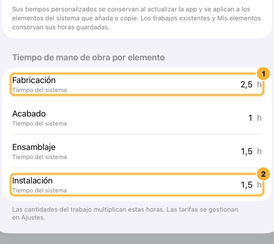 La hoja Editar estimación, con las horas de fabricación, acabado, ensamblaje e instalación, cada una marcada como Tiempo del sistema hasta que la sustituya.