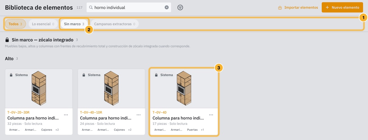 La Biblioteca de elementos buscando una columna para horno individual. Una fila de botones de biblioteca bajo la búsqueda muestra Todos 3, Lo esencial 0, Sin marco 3 y Campanas extractoras 0, y las tres tarjetas de debajo muestran el horno en cada mueble.