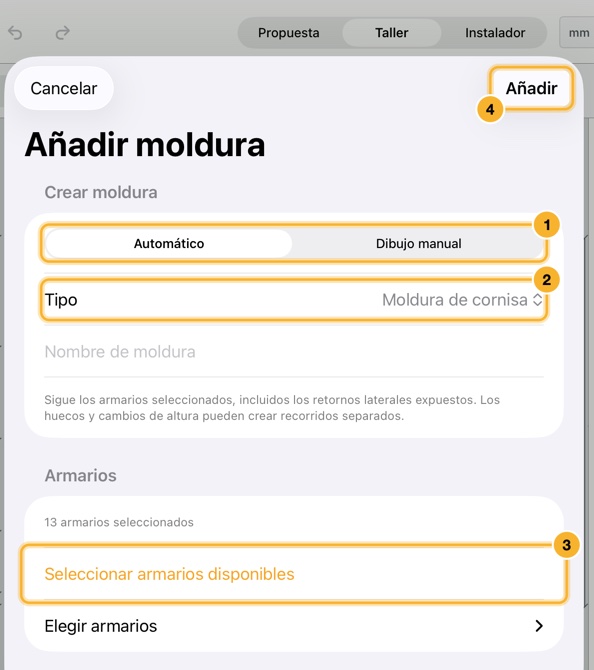 La hoja Añadir moldura. El grupo Crear moldura tiene Automático y Dibujo manual, un menú Tipo y un nombre, y el grupo Armarios ofrece Seleccionar armarios disponibles.