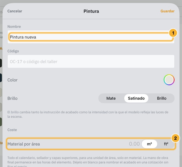 El editor de pintura abierto desde Añadir una pintura: un nombre, un código, un color, un brillo mate, satinado o brillante, y el coste del material por área.