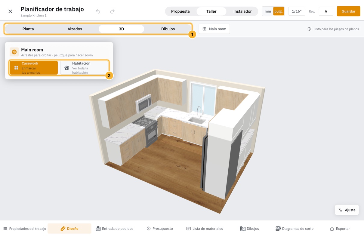 La vista 3D de la cocina de ejemplo: una hilera en U de armarios con encimeras, una cocina de gas, una ventana y un frigorífico, vista desde arriba y de lado.