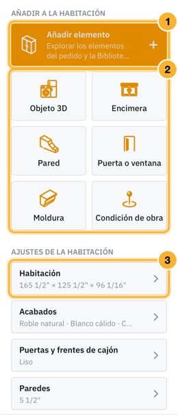 El panel Elementos y habitación junto a la planta. Añadir elemento es el botón ámbar de arriba, debajo hay seis iconos y los ajustes de la habitación están plegados en filas más abajo.