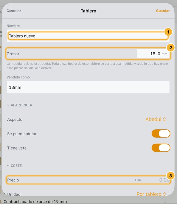 El editor de tableros abierto desde Añadir un tablero: un nombre, el grosor real, cómo se vende, interruptores de aspecto y un precio con su unidad.