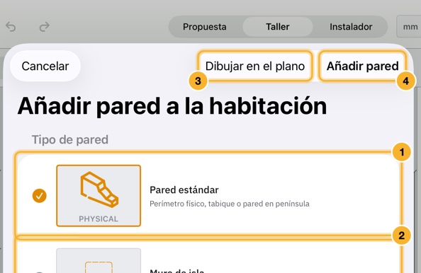 La hoja Añadir pared a la habitación con dos tipos de pared, Pared estándar y Muro de isla, y Dibujar en el plano y Añadir pared arriba a la derecha.