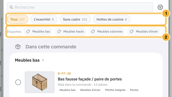 La feuille Ajouter un élément à la pièce. Sous la recherche se trouvent les boutons de bibliothèque, puis une rangée de boutons d’étiquettes, puis les éléments déjà présents dans la commande.