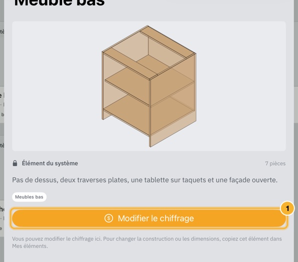 La page de détails d’un élément fourni, avec son image, son nom et ses étiquettes, et un bouton Modifier le chiffrage.