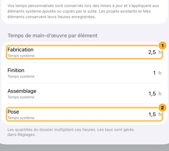 La feuille Modifier le chiffrage, avec les heures de fabrication, de finition, d’assemblage et de pose, chacune marquée Temps système tant que vous ne la remplacez pas.
